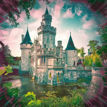 An enchanting castle rises majestically, surrounded by lush greenery and a serene body of water, making it a captivating profile photo for a forum avatar.