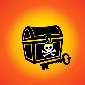 A vibrant avatar featuring a black treasure chest adorned with a skull, accompanied by a key, set against a striking orange background.