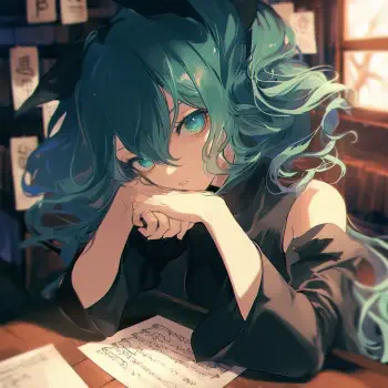 Anime-inspired profile picture featuring Hatsune Miku, showcasing her iconic teal hair and expressive eyes, set against a warm background with sheets of music.