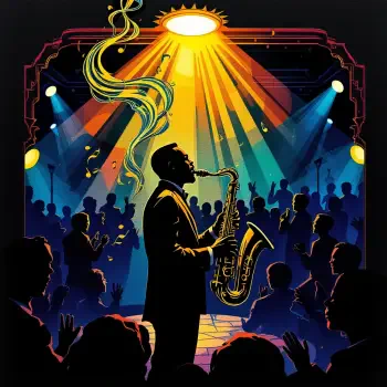 Silhouetted saxophone player performing on stage under dramatic spotlights, surrounded by an audience, capturing the vibrant energy of a jazz concert.