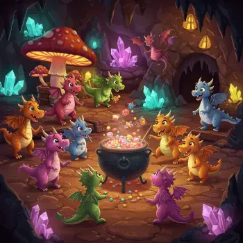 Colorful baby dragons gather around a glowing cauldron inside a magical dragon lair, surrounded by crystals and oversized mushrooms in this vibrant forum avatar.