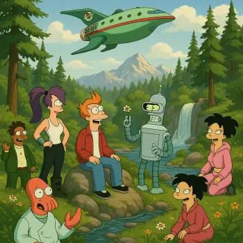 Futurama characters Fry, Leela, Bender, and others gather in a forest clearing by a stream with their spaceship flying overhead, depicted in a forum avatar style.