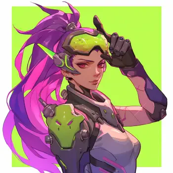 Forum avatar featuring an animated Overwatch character with vibrant pink hair, green visor, and futuristic armor against a bright green background.