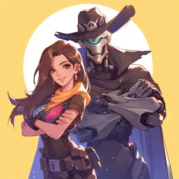 Forum avatar featuring Overwatch characters D.Va and Genji standing confidently against a yellow circular background.