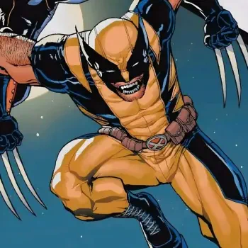 Dynamic illustration of Marvel Comics' Wolverine in his classic yellow and blue costume, crouching with claws extended against a starry background.