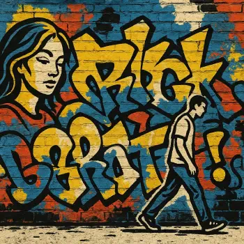 Colorful graffiti wall with a stylized woman’s face, a walking man, and bold, overlapping text, captured as a dynamic forum avatar/profile picture.