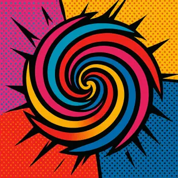 A vibrant, multicolored vortex design with sharp black edges set against a four-section background of red, yellow, pink, and blue, used as a bold forum avatar.