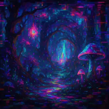 A glowing, colorful magical forest pathway with oversized mushrooms and sparkling lights, rendered in vibrant neon hues for a mystical forum avatar.