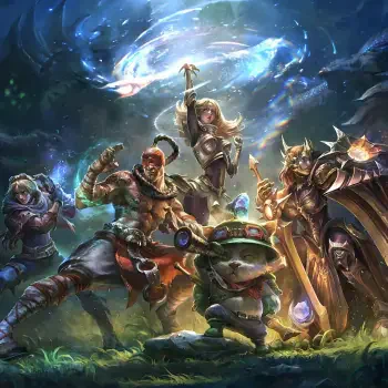 League of Legends characters Teemo, Lee Sin, and Leona are depicted in a dynamic fantasy battle scene with magical effects.
