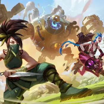 Forum avatar featuring League of Legends characters Akali, Blitzcrank, and Jinx in dynamic action poses with a bright sky and green landscape background.