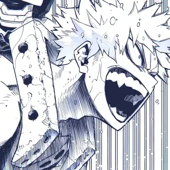 Close-up manga-style profile image of Katsuki Bakugou from My Hero Academia, shown yelling intensely with dynamic line art emphasizing his rage.