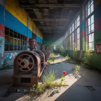 Sunlight streams through tall windows of an abandoned factory, illuminating rusted machinery and a single red flower growing amidst the overgrown floor, used as a forum avatar.