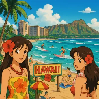 Animated Hawaii-themed forum avatar showing two girls with hibiscus flowers in their hair on a sunny beach with surfers, palm trees, and Diamond Head volcanic crater in the background.
