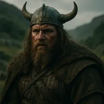 Profile photo of a rugged Viking warrior wearing a horned helmet and fur cloak, set against a misty, mountainous landscape.
