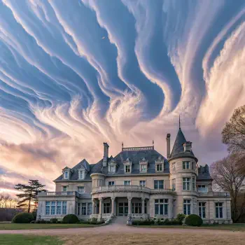 Profile avatar featuring a grand mansion under a dramatic sky with swirling cloud formations at sunset.