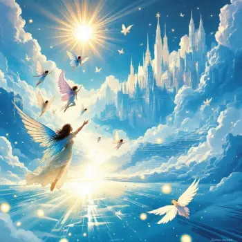 Forum avatar depicting a radiant heavenly scene with angels ascending toward a glowing sun and a majestic castle floating among bright clouds.