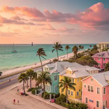Colorful beachside houses and palm trees along a Florida coastline at sunset, with sailboats on turquoise waters and a pastel sky.