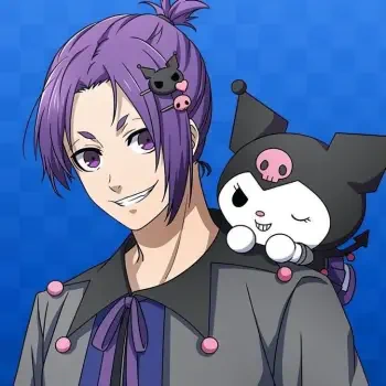 Anime crossover avatar featuring Reo Mikage from Blue Lock with Kuromi from Onegai My Melody perched on his shoulder against a blue background.
