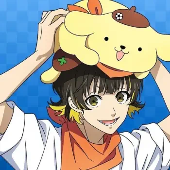 Anime crossover avatar featuring Bachira Meguru from Blue Lock wearing a Pompompurin hat, set against a blue checkered background.