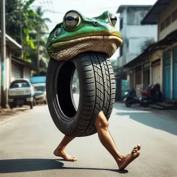 Surreal avatar image by Italian Brainrot and Boneca Ambalabu showing a frog-headed creature with a tire body walking on human legs down a street.