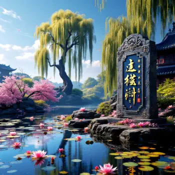 A serene Chinese garden scene with a pond of blooming lotus flowers, a willow tree, cherry blossoms, traditional architecture, and a stone tablet engraved with Chinese characters.