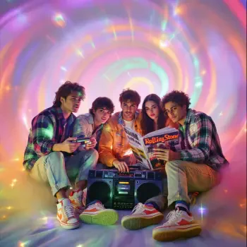 Retro 90s-themed forum avatar depicting a diverse group of young adults in casual clothing surrounded by colorful, swirling lights with a boombox and Rolling Stone magazine.