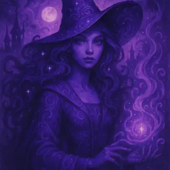 A violet-toned fantasy avatar of a woman in a wide-brimmed witch hat, holding a glowing magical orb under a moonlit sky with dark castle silhouettes.