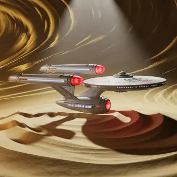 Forum avatar featuring the Star Trek Enterprise soaring above swirling, sandy terrain illuminated by a focused beam of light.
