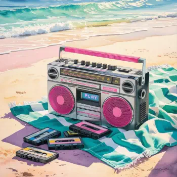 Retro 80s-inspired forum avatar featuring a boombox with pink speakers and cassette tapes on a striped beach towel by the ocean shore.
