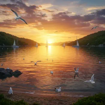 Forum avatar depicting a serene bay at sunset with sailboats on calm water and seagulls flying and floating near the shore.