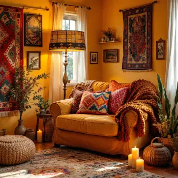 Cozy bohemian living room with a mustard-yellow sofa adorned with colorful patterned pillows and a textured throw, surrounded by warm lighting, tapestries, plants, and candles.