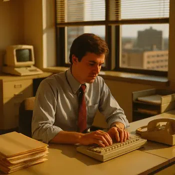 Forum avatar showing a man in business attire typing on a keyboard in an office setting, symbolizing a 9 to 5 job routine.