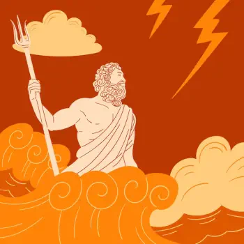 Illustration of Zeus, the god from mythology, holding a trident-like staff amid clouds and lightning bolts, set as a profile avatar with bold orange and beige tones.