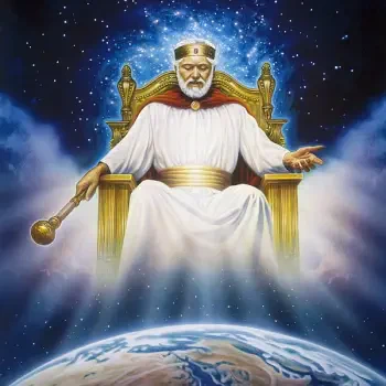 Avatar depicting a deity seated on a golden throne above Earth, surrounded by cosmic light and stars, holding a scepter with a serene and powerful presence.