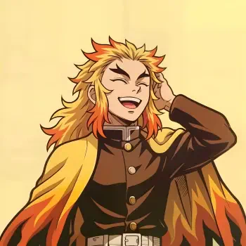 Avatar of Kyojuro Rengoku from Demon Slayer, laughing with bright, fiery hair and a flame-patterned haori against a warm background.