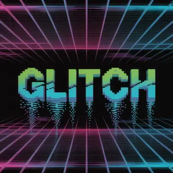 Digital glitch-themed forum avatar displaying the word GLITCH in pixelated, distorted text with a retro grid background in neon pink and blue hues.