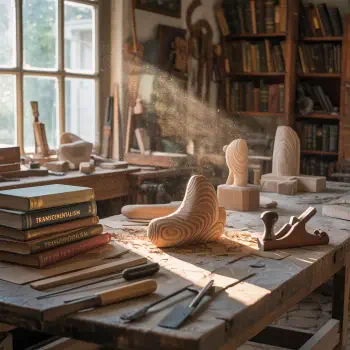 A sunlit woodworking workshop with carved wooden sculptures, tools, and books on a workbench, shown as a forum avatar or profile photo.