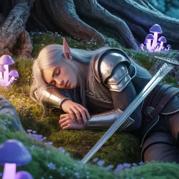 Sleeping elf warrior in silver armor rests peacefully on moss beneath glowing mushrooms, captured as a serene forum avatar.