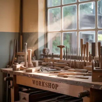 Woodworking tools neatly arranged on a workbench beneath a window with sunlight streaming in, labeled WORKSHOP for a forum avatar.