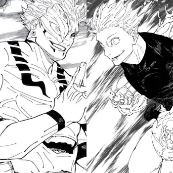 Black-and-white manga-style split image featuring Jujutsu Kaisen characters Satoru Gojo and Sukuna facing off in an intense Gojo vs Sukuna showdown.