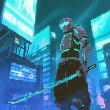 Futuristic sci-fi anime avatar of a armored warrior holding a glowing katana in a neon-lit cityscape labeled Neo-Tokyo.