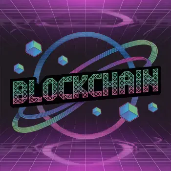 Futuristic blockchain forum avatar featuring a neon grid background, geometric cubes, and a digital orbit design around the word BLOCKCHAIN.