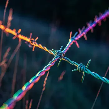 Close-up of rainbow-colored barbed wire strands set against a dark background, used as a distinctive forum avatar/profile photo.