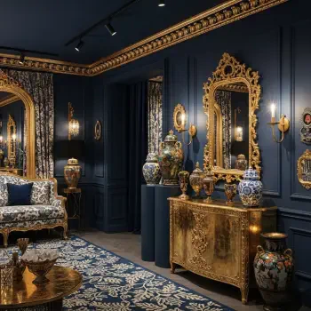 Maximalist interior featuring ornate gold-framed mirrors, patterned upholstery, decorative vases, and rich blue walls with luxurious detailing, evoking a bold, opulent style for a forum avatar.