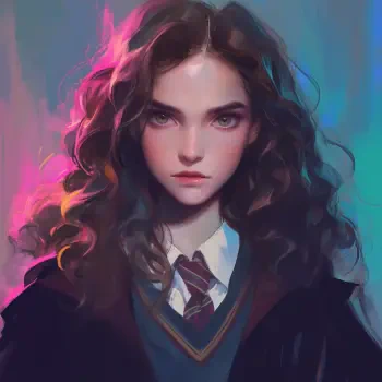 Digital artwork of Hermione Granger from the Harry Potter movies, featuring her with curly hair and wearing Hogwarts uniform, used as a forum profile avatar.