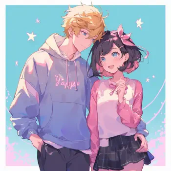 Anime couple sharing a sweet moment with matching casual outfits, featuring pastel hoodies and a starry sky background, styled as a vibrant forum avatar.