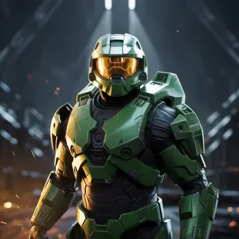 Profile photo of Master Chief in green armor with a gold visor, set against a dark, industrial background with glowing light accents.