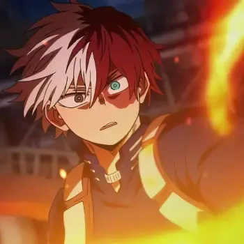 Close-up of Shoto Todoroki from My Hero Academia with his distinctive half-white, half-red hair, surrounded by warm orange flames, used as an anime forum avatar.