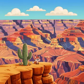 Cartoon avatar featuring a fox and a cactus on a cliff overlooking the colorful Grand Canyon under a bright blue sky with clouds.