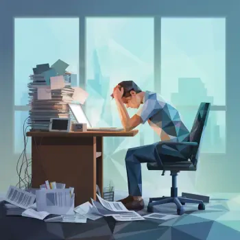 Polygon-style illustration of a person at a cluttered desk, holding their head in frustration, depicting workplace stress for a forum avatar.